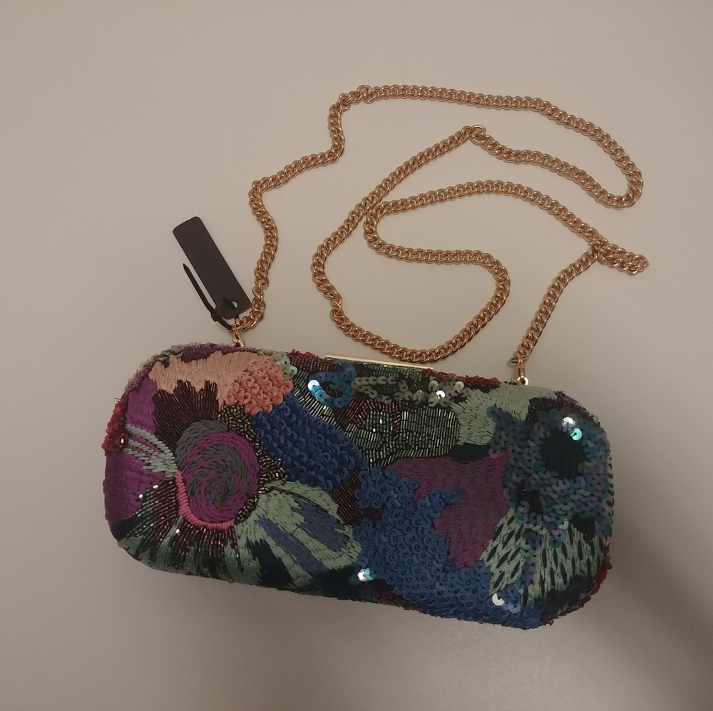 J Crew Embroidered Beaded Blue Purple Clutch Handbag Crossbody Bag Bead Metallic